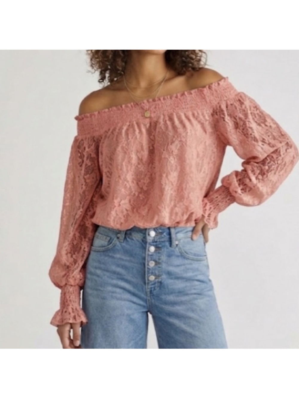 Free People Emily Lace Off Shoulder Top Size Large Dusty Rose